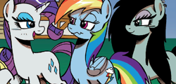 Size: 786x378 | Tagged: safe, artist:ponygoddess, idw, character:rainbow dash, character:rarity, oc, oc:sappho, comic, out of context