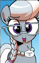 Size: 447x720 | Tagged: safe, idw, character:silver spoon, cute, dialogue, glasses, looking at you, open mouth, silverbetes, smiling, solo, speech bubble