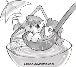 Size: 1182x1033 | Tagged: safe, artist:suikuzu, character:berry punch, character:berryshine, species:earth pony, species:pony, female, glass, mare, monochrome, punch (drink), punch bowl, solo, tiny ponies