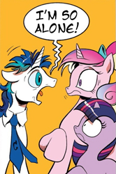 Size: 365x549 | Tagged: safe, idw, character:princess cadance, character:shining armor, character:twilight sparkle, dialogue, exploitable meme, i'm so alone, lonely, meme, necktie, screaming armor, speech bubble, younger