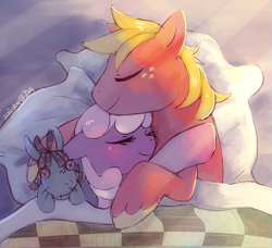 Size: 681x620 | Tagged: safe, artist:suikuzu, character:big mcintosh, character:cheerilee, character:smarty pants, species:earth pony, species:pony, ship:cheerimac, bed, blushing, crepuscular rays, cuddling, eyes closed, female, male, mare, pillow, shipping, sleeping, snuggling, stallion, straight