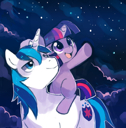 Size: 910x921 | Tagged: safe, artist:suikuzu, character:shining armor, character:twilight sparkle, character:twilight sparkle (unicorn), species:pony, species:unicorn, brother and sister, cloud, duo, filly, foal, lidded eyes, looking at something, male, night, night sky, open mouth, pointing, ponies riding ponies, raised hoof, smiling, stallion, stars, underhoof
