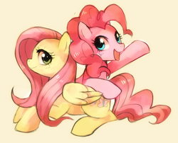 Size: 692x560 | Tagged: safe, artist:suikuzu, character:fluttershy, character:pinkie pie, species:earth pony, species:pegasus, species:pony, duo, female, happy, mare, open mouth, profile, prone, raised hoof, simple background, yellow background