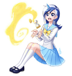 Size: 820x868 | Tagged: safe, artist:apzzang, character:minuette, species:human, clothing, cute, horned humanization, humanized, sailor uniform, school uniform, skirt, solo