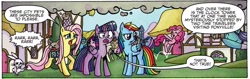 Size: 1864x588 | Tagged: safe, artist:agnesgarbowska, idw, official comic, character:angel bunny, character:doctor whooves, character:fluttershy, character:pinkie pie, character:rainbow dash, character:roseluck, character:time turner, character:twilight sparkle, character:twilight sparkle (alicorn), species:alicorn, species:earth pony, species:pegasus, species:pony, species:rabbit, animal, back to the future, camera, cat, cropped, dialogue, doctor who, female, mare, meta, pronking, reference, speech bubble, tenth doctor, time travel