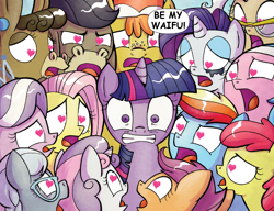 Size: 1084x833 | Tagged: safe, artist:agnesgarbowska, edit, idw, character:aloe, character:apple bloom, character:carrot cake, character:cranky doodle donkey, character:diamond tiara, character:fluttershy, character:lotus blossom, character:matilda, character:mayor mare, character:rainbow dash, character:rarity, character:scootaloo, character:silver spoon, character:sweetie belle, character:twilight sparkle, species:alicorn, species:donkey, species:earth pony, species:pegasus, species:pony, species:unicorn, ship:aloelight, ship:crankilda, ship:mayorlight, ship:rarilight, ship:twidash, ship:twishy, bisexual, carrotlight, comic, crankylight, cutie mark crusaders, female, heart, heart eyes, lesbian, makeup, male, matwilda, running makeup, scootatwi, shipping, straight, text edit, twiara, twibelle, twibloom, twiharem, twilight sparkle gets all the mares, twilight sparkle gets all the stallions, twilight's harem, twispoon, waifu, want it need it, wingding eyes
