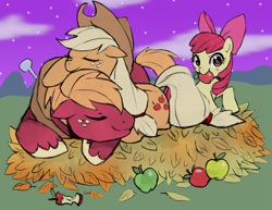 Size: 1451x1121 | Tagged: dead source, safe, artist:suikuzu, character:apple bloom, character:applejack, character:big mcintosh, species:earth pony, species:pony, apple, apple core, apple siblings, colored, female, filly, male, mare, mouth hold, night, sleeping, stallion