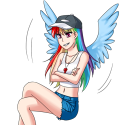 Size: 600x600 | Tagged: safe, artist:apzzang, character:rainbow dash, species:human, belly button, cap, clothing, female, hat, humanized, midriff, shorts, simple background, solo, transparent background, whistle, winged humanization