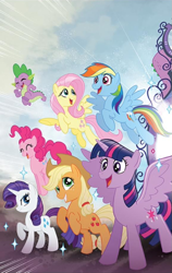 Size: 577x913 | Tagged: safe, artist:tonyfleecs, idw, character:applejack, character:fluttershy, character:pinkie pie, character:rainbow dash, character:rarity, character:spike, character:twilight sparkle, character:twilight sparkle (alicorn), species:alicorn, species:pony, cover, female, magic mirror, mane seven, mane six, mare