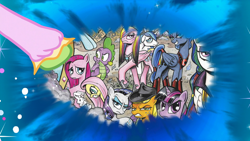 Size: 1280x720 | Tagged: safe, edit, edited screencap, idw, screencap, character:angel bunny, character:applejack, character:fluttershy, character:pinkamena diane pie, character:pinkie pie, character:princess cadance, character:princess celestia, character:princess luna, character:rainbow dash, character:rarity, character:shining armor, character:spike, character:tree hugger, character:twilight sparkle, species:alicorn, species:dragon, species:earth pony, species:pegasus, species:pony, species:rabbit, species:unicorn, episode:make new friends but keep discord, g4, my little pony: friendship is magic, alternate universe, animal, dark mirror universe, discord's portal, evil cadance, evil celestia, evil counterpart, evil luna, exploitable meme, female, male, mare, meme, mirror universe, portal, reflections, stallion