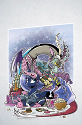 Size: 787x1195 | Tagged: safe, artist:brendahickey, idw, character:discord, character:princess luna, species:alicorn, species:draconequus, species:pony, friends forever, bunny slippers, clothing, cover, duo, female, hair curlers, male, mare, mud mask, pajamas, popcorn, sleep mask, slippers, slumber party