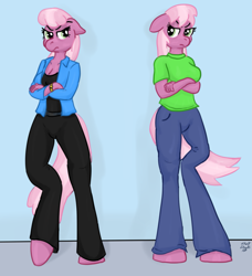 Size: 1501x1645 | Tagged: safe, artist:short circuit, idw, character:cheerilee, species:anthro, species:earth pony, species:pony, species:unguligrade anthro, angry, breasts, busty cheerilee, cherry blossom (idw), cleavage, clothing, crossed arms, female, pants, shirt, sisters, t-shirt, twins