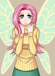 Size: 500x700 | Tagged: safe, artist:apzzang, character:fluttershy, species:human, breasts, busty fluttershy, butterfly wings, clothing, female, humanized, looking at you, skirt, solo, sweater, sweatershy, winged humanization