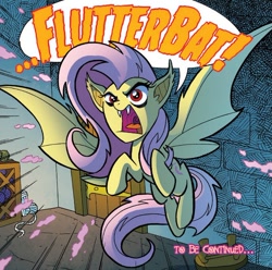 Size: 660x655 | Tagged: safe, artist:tonyfleecs, idw, official comic, character:flutterbat, character:fluttershy, species:bat pony, species:pony, dialogue, female, mare, night of the living apples, open mouth, solo, speech bubble, spread wings, to be continued, wings