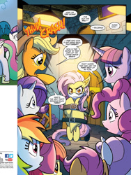 Size: 720x960 | Tagged: safe, idw, official comic, character:apple bloom, character:applejack, character:flutterbat, character:fluttershy, character:pinkie pie, character:rainbow dash, character:rarity, character:scootaloo, character:sweetie belle, character:twilight sparkle, character:twilight sparkle (alicorn), species:alicorn, species:bat pony, species:pegasus, species:pony, comic, dialogue, female, idw advertisement, mane six, mare, night of the living apples, preview, speech bubble, tied down
