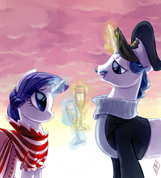 Size: 1445x1600 | Tagged: safe, artist:whitediamonds, character:fancypants, character:rarity, species:pony, species:unicorn, fanfic:the flight of the alicorn, ship:raripants, alcohol, barrel chest, champagne, clothing, drink, fanfic, fanfic art, female, magic, male, mare, profile, shipping, stallion, straight