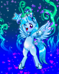 Size: 600x750 | Tagged: safe, artist:jurisalis, idw, character:trixie, species:alicorn, species:pony, bipedal, cute, diatrixes, featured on derpibooru, happy, heart, hoof hold, looking at you, mirror universe, open mouth, race swap, smiling, solo, sparkles, stars, trixiecorn, wand, wink