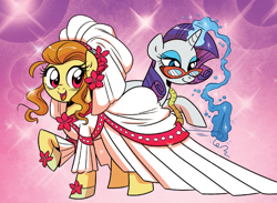 Size: 1400x1023 | Tagged: safe, artist:brendahickey, idw, character:rarity, species:earth pony, species:pony, species:unicorn, clothing, dress, duo, female, ginger gold (idw), idw advertisement, magic, mare, telekinesis, wedding dress