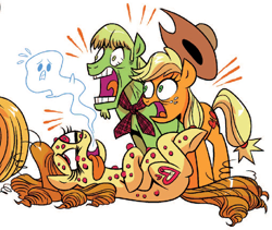 Size: 718x605 | Tagged: safe, idw, character:applejack, species:earth pony, species:pony, apple crisp, dead, death, female, ginger gold (idw), giving up the ghost, idw advertisement, male, mare, offscreen character, stallion, touring wind