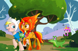 Size: 3826x2514 | Tagged: safe, artist:zorbitas, character:gummy, species:alicorn, species:pony, adventure time, finn the human, flame princess, high res, ponified, princess bubblegum