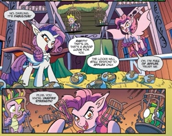 Size: 1011x799 | Tagged: safe, artist:tonyfleecs, idw, official comic, character:pinkie pie, character:rarity, character:spike, species:alicorn, species:bat pony, species:pony, alicornified, bat ponified, bat pony alicorn, cage, comic, desiccated, dialogue, female, good apple, helmet, living apple, mare, night of the living apples, pinkiebat, race swap, raribat, raricorn, spear, speech bubble, super strength, weapon