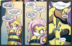 Size: 983x633 | Tagged: safe, artist:tonyfleecs, idw, official comic, character:flutterbat, character:fluttershy, species:bat pony, species:pony, comic, cropped, dialogue, female, mare, night of the living apples, restrained, speech bubble, you know for kids