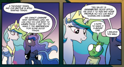 Size: 660x356 | Tagged: safe, artist:tonyfleecs, idw, official comic, character:princess celestia, character:princess luna, species:pony, comic, dialogue, ethereal mane, female, glasses, good apple, living apple, mare, night of the living apples, speech bubble