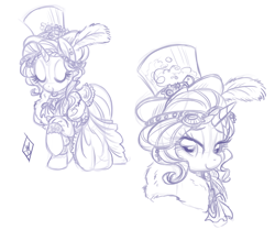 Size: 1164x975 | Tagged: safe, artist:whitediamonds, character:rarity, species:pony, species:unicorn, alternate hairstyle, clothing, dress, female, hat, mare, monochrome, sketch, solo, steampunk, top hat