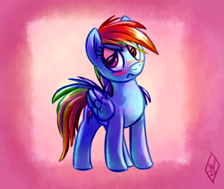 Size: 900x760 | Tagged: safe, artist:whitediamonds, character:rainbow dash, angry, blushing, embarrassed, gradient background, looking up, solo, standing, tsunderainbow, tsundere