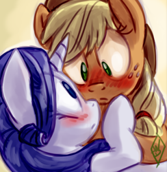 Size: 441x452 | Tagged: safe, artist:whitediamonds, character:applejack, character:rarity, species:earth pony, species:pony, species:unicorn, ship:rarijack, blushing, clothing, female, freckles, hat, lesbian, mare, shipping