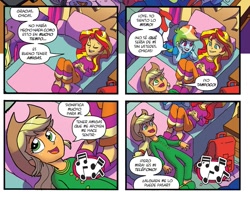 Size: 999x789 | Tagged: safe, artist:tonyfleecs, edit, idw, character:applejack, character:rainbow dash, character:sunset shimmer, my little pony:equestria girls, bronies chile, comic, dia de los inocentes, eyes on the prize, spanish