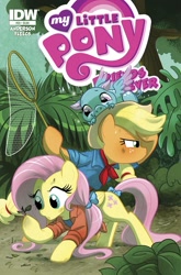 Size: 791x1200 | Tagged: safe, artist:amy mebberson, idw, character:applejack, character:fluttershy, alan grant, camping, clothing, cover, duo, ellie sattler, jurassic park, pig, pigasus, tail bow