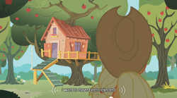 Size: 640x355 | Tagged: safe, screencap, character:applejack, apple tree, clubhouse, crusaders clubhouse, tree, youtube caption