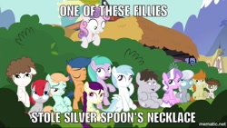 Size: 1000x563 | Tagged: safe, screencap, character:aura, character:boysenberry, character:cotton cloudy, character:diamond tiara, character:peach fuzz, character:pipsqueak, character:silver spoon, character:sweetie belle, character:train tracks, character:truffle shuffle, species:earth pony, species:pegasus, species:pony, species:unicorn, episode:twilight time, g4, my little pony: friendship is magic, season 4, bush, bushicorn, caption, colt, female, filly, foal, gallop j. fry, glasses, image macro, impact font, male, meme, missing accessory