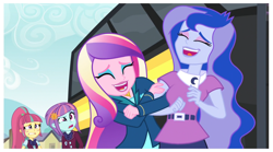 Size: 1512x840 | Tagged: safe, screencap, character:dean cadance, character:princess cadance, character:princess luna, character:sour sweet, character:sunny flare, character:vice principal luna, equestria girls:friendship games, g4, my little pony:equestria girls, bus, cute, end credits, eyes closed, faec, laughing, laughingmares.jpg, right there in front of me, vice principal luna, wtf face