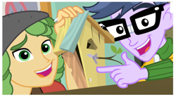 Size: 1513x838 | Tagged: safe, screencap, character:microchips, character:sandalwood, equestria girls:friendship games, g4, my little pony:equestria girls, bird house, photo, smiling