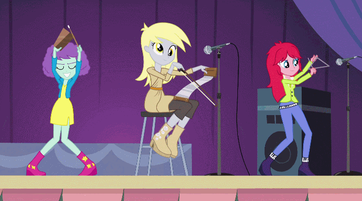 Size: 732x407 | Tagged: safe, screencap, character:derpy hooves, equestria girls:rainbow rocks, g4, my little pony:equestria girls, animated, blueberry pie, cowbell, raspberry fluff, the muffins