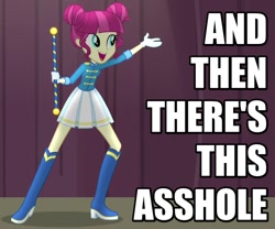 Size: 600x500 | Tagged: safe, screencap, character:majorette, character:sweeten sour, equestria girls:friendship games, g4, my little pony:equestria girls, and then there's this asshole, background human, baton, boots, caption, clothing, gloves, image macro, majorette, meme, open mouth, reaction image, skirt, solo, sweeten sour, vulgar