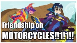 Size: 800x449 | Tagged: safe, screencap, character:indigo zap, character:sunset shimmer, equestria girls:friendship games, g4, my little pony:equestria girls, card games on motorcycles, impact font, littlekuriboh, motorcross, reference, yu-gi-oh!, yu-gi-oh! 5d's, yugioh abridged