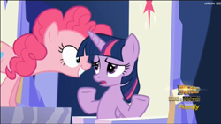 Size: 1906x1078 | Tagged: safe, screencap, character:pinkie pie, character:twilight sparkle, character:twilight sparkle (alicorn), species:alicorn, species:pony, episode:the one where pinkie pie knows, g4, my little pony: friendship is magic, female, mare