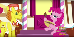 Size: 1314x656 | Tagged: safe, screencap, character:carrot cake, character:pinkie pie, episode:the one where pinkie pie knows, g4, my little pony: friendship is magic, bowl, lidded eyes, mixing bowl