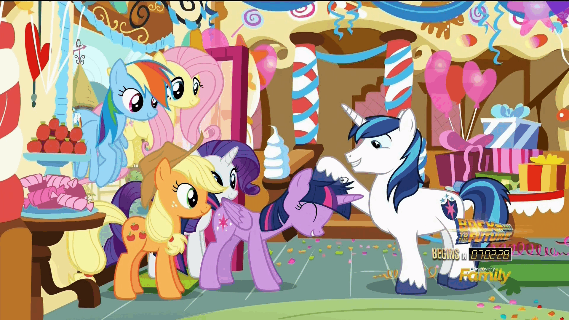 Size: 1920x1080 | Tagged: safe, screencap, character:applejack, character:fluttershy, character:rainbow dash, character:rarity, character:shining armor, character:twilight sparkle, character:twilight sparkle (alicorn), species:alicorn, species:pony, episode:the one where pinkie pie knows, g4, my little pony: friendship is magic, animated, female, loop, mare, noogie