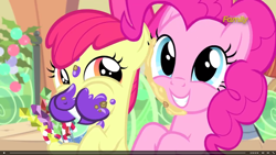 Size: 1920x1080 | Tagged: safe, screencap, character:apple bloom, character:pinkie pie, species:earth pony, species:pony, episode:hearthbreakers, g4, my little pony: friendship is magic, adorabloom, cute, eating, female, filly, looking back, mare, messy, messy eating, smiling