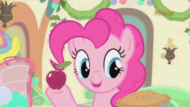 Size: 640x360 | Tagged: safe, screencap, character:lemon hearts, character:pinkie pie, episode:hearthbreakers, g4, my little pony: friendship is magic, animated, apple, apple pie, magic, now kiss, out of context, pie, shipper on deck