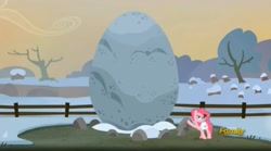Size: 1670x931 | Tagged: safe, screencap, character:pinkie pie, species:earth pony, species:pony, episode:hearthbreakers, g4, my little pony: friendship is magic, discovery family logo, female, holder's boulder, mare, raised hoof, rock, saddle bag, snow, winter