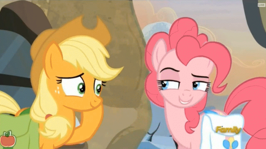 Size: 853x480 | Tagged: safe, screencap, character:applejack, character:pinkie pie, episode:hearthbreakers, g4, my little pony: friendship is magic, animated, boop, noseboop, personal space invasion
