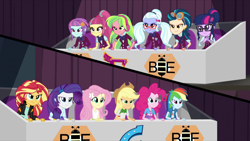 Size: 1280x720 | Tagged: safe, screencap, character:applejack, character:fluttershy, character:indigo zap, character:lemon zest, character:pinkie pie, character:rainbow dash, character:rarity, character:sour sweet, character:sugarcoat, character:sunny flare, character:sunset shimmer, character:twilight sparkle, character:twilight sparkle (scitwi), species:eqg human, equestria girls:friendship games, g4, my little pony:equestria girls, acadeca, crystal prep academy, crystal prep shadowbolts, shadow five, spelling bee, wondercolts