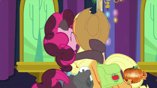 Size: 500x281 | Tagged: safe, screencap, character:applejack, character:pinkie pie, episode:hearthbreakers, g4, my little pony: friendship is magic, animated, dirty, discovery family, discovery family logo, good trick, hug, loop, saddle bag, soot, spinning, you spin me right round