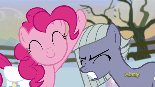 Size: 500x281 | Tagged: safe, screencap, character:limestone pie, character:pinkie pie, episode:hearthbreakers, g4, my little pony: friendship is magic, animated, discovery family, discovery family logo, head pat, petting, saddle bag, smiling