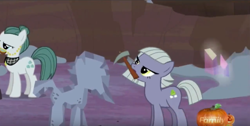 Size: 852x431 | Tagged: safe, screencap, character:cloudy quartz, character:limestone pie, species:earth pony, species:pony, episode:hearthbreakers, g4, my little pony: friendship is magic, duo, duo female, female, mare, mother and daughter, pickaxe, rock hammer, solo focus